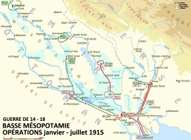 Carte des opérations en Mésopotamie entre janvier et juillet 1915. 