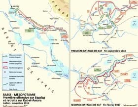 Cartes des opérations en Mésopotamie entre l’automne 1915 et la prise de Bagdad. 