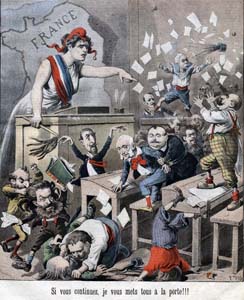 En France, le nationalisme outrancier se teinte très souvent d'antisémitisme : caricature de Henri Meyer pour la couverture du supplément illustré du Petit Journal, 10 juillet 1898, a propos de l'affaire Dreyfus. Bibliothèque nationale de France. Y figurent notamment Jacques Cavaignac, sous-secrétaire d'État à la Guerre, Jules Méline, Paul Déroulède et Etienne Drumont, anti-dreyfusards violents. 