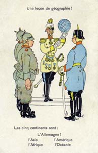 Carte postale publiée en 1914, caricaturant l'impérialisme pangermaniste du Kaiser Guillaume II.