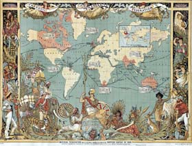 Walter Crane (1845-1915) : carte de l'empire britannique en 1886, avec en rouge les possessions de la couronne.