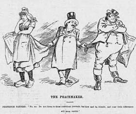 L’incident de Fachoda vu par le caricaturiste anglais politique de JM Staniforth. Le professeur Paul Barbier de l'University College de Cardiff tente de désamorcer les désaccords opposant Marianne et John Bull. Caricature du 24 octobre 1898.