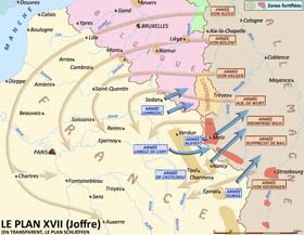 Le plan XVII élaboré par Joseph Joffre. Basé sur le tout à l'offensive, il prévoit de bousculer l'armée allemande en pénétrant en Lorraine entre Metz et Sarrebourg en direction du Rhin. Il présente deux graves défauts : d'une part il sous-estime totalement les force adverses qui se trouvent en face de l'armée française dans ce secteur: Joffre pense que l'adversaire dispose de 45 divisions : elles sont 68; d'autre part, Joffre pense que l'offensive allemande en Belgique n'ira pas au-delà de la Sambre... Mais c'est précisément entre la Sambre et la mer du nord que se portera l'effort principale des deux premières armées allemandes... précisément là où l'avait prévue le plan Michel jeté aux orties.