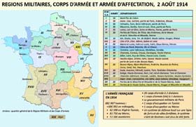 Carte des régions militaires, corps d'armées et armées d'affectation des mobilisés le 2 août 1914. Les corps d'armée à la mobilisation correspondent à leurs numéros de région militaire et comprennent au moins deux divisions d'infanterie.