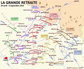 La grande retraite : entamée le 24 août, la grande retraite de l’armée française se fait en relativement bon ordre en direction de la Marne. La bataille de Guise livrée par la Vème armée du général Lanrezac stoppe momentanément la IIè armée de Von Bülow, compromettant la réussite du plan Schlieffen. 