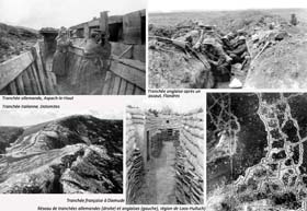 Divers types de tranchées, montage photographique. Les tranchées sont omniprésentes, sur absolument tous les fronts, jusqu’en Afrique où sur des hauteurs à peine imaginables : Il y en à dans les Vosges à plus de 1 000 mètres d’altitude, mais aussi en Italie, dans les Dolomites, jusqu’à 3 000 mètres, où elles sont creusées dans les glaciers !