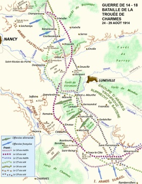 Guerre de 1914 – 1918, front Alsace-Vosges : bataille de la trouée de Charmes, 24 – 29 août 1914. Le 24 août, la 6é armée allemande relance l'offensive vers la trouée de Charmes, ce qui permettrait, en lien avec le plan Schlieffen, de prendre l’armée française à revers par Toul et Verdun. Les Français réagissent en attaquant sur les deux flancs, au nord et au sud : après cinq jours de combats, ils parviennent à bloquer l’offensive allemande (bataille de la trouée de Charmes) et à reprendre toute la rive gauche de la Mortagne. 