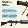 Le fusil mitrailleur anglais Lewis Mark 1, caractéristique par son chargeur circulaire et son manchon de refroidissement.  - Montage G. Brun. 