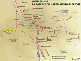 Le sommet du Hartmannswillerkopf et les principales fortifications allemandes.  