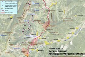 Carte montrant les positions de l’artillerie française lors de la bataille du Linge. L’artillerie allemand se concentre principalement au Rain des Chênes et au Grand Hohnack.