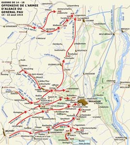 Carte de l’offensive de l’Armée d’Alsace commandée par le général Pau. 