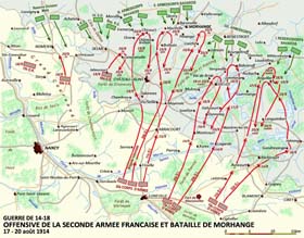 Carte de la bataille de Morhange. Sûre de la victoire, les Français foncent tête baissée vers le piège que leur tendent les Allemands sur leur ligne de défense fortifiée au nord de Morhange.