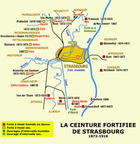 Carte de la ceinture des forts construits par les Allemands après 1871 afin d’assurer la protection du Reichsland.