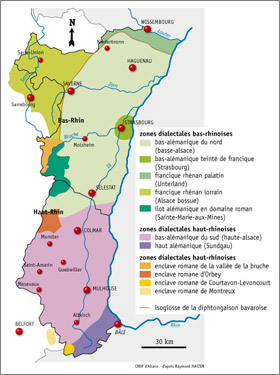 Aires linguistiques en Alsace d'après R. MATZEN