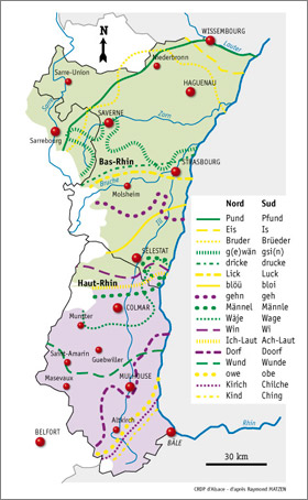 Courbes isoglosses en Alsace d'après R. MATZEN