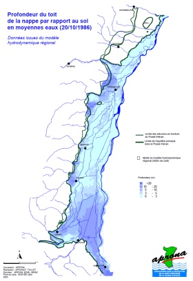 Profondeur du toit de la nappe d'Alsace par rapport au sol en moyennes eau
