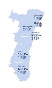 Carte de la répartition des Rep et Rep + dans l'académie de Strasbourg à la rentrée 2015