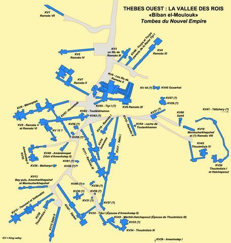 Thèbes-ouest : plan de la vallée des rois avec les principales tombes