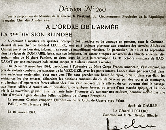 Citation de la 2e DB à l'ordre de l'armée (28 déc. 1944)  