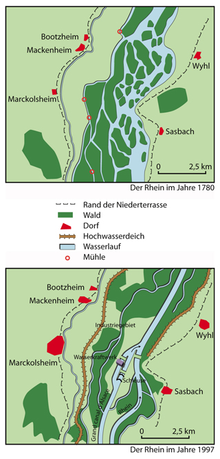 Der Rhein im Jahre 1780 und 1997 - Zeichnung Stphane Hibou (CRDP d'Alsace)