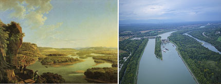 Aussicht vom Isteiner Klotzen auf den Rhein (Peter Birrmann um 1840) und Rheinebene Istein 1993 (Foto LMZ-BW)