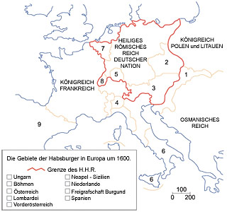 Die Gebiete der Habsburger in Europa um 1600 - Zeichnung Giulio Tosca (LMZ-RP)