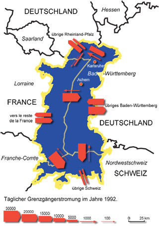 Tglicher Grenzgngerstrom im Jahre 1992 - nach J.P. Jouhaud