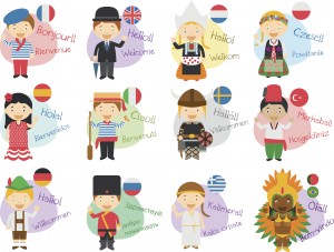 Vector illustration of cartoon characters in 12 different languages